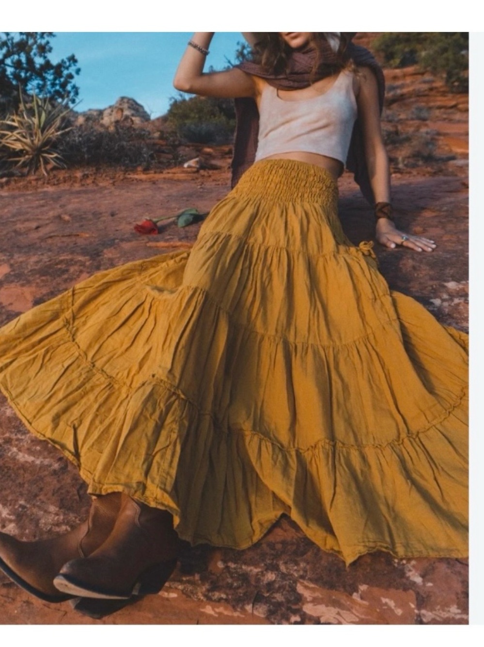cotton flower mustard smocked waist tiered maxi skirt